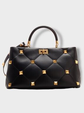 Valentino Garavani Black Roman gold Stud Tote Bag top handle